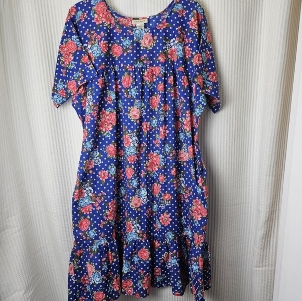 CW Classics Lg Vintage Floral Polka Dot House Dress Mumu Large Ruffle Pleats